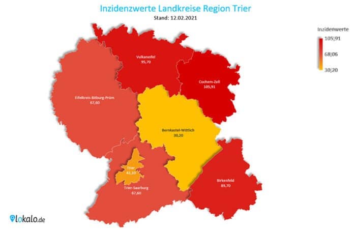 corona-inzidenz-karte-120221 Die Inzidenzwerte der Landkreise in der Region Trier. Stand: 12.02.2021. (Karte: lokalo.de, Datenquelle: Gesundheitsämter)