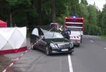 Mord an Ex-Geliebter bei Hermeskeil: Verurteilter 35-Jähriger legt Revision ein Polizeifahrzeug und Leichenwagen an einem Waldparkplatz bei Hermeskeil, Absperrung und Sichtschutz am Tatort, Ermittler im Gespräch.