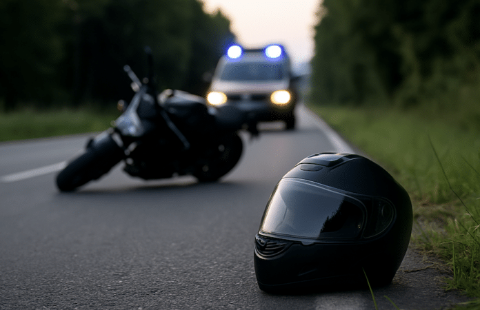 Symbolbild eines Motorradunfalls – Einsatzfahrzeuge der Polizei und Rettungskräfte an einer abgesperrten Landstraße nach einem tödlichen Verkehrsunfall.
