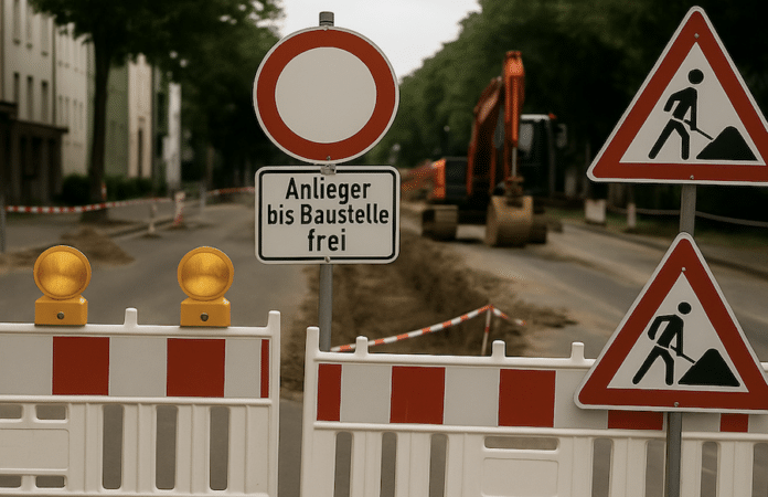 Symbolbild: Straßenbaustelle in Trier-Nord mit Absperrgittern, Warnleuchten und Bagger im Hintergrund – Hinweis auf Vollsperrung und Bauarbeiten der Stadtwerke.