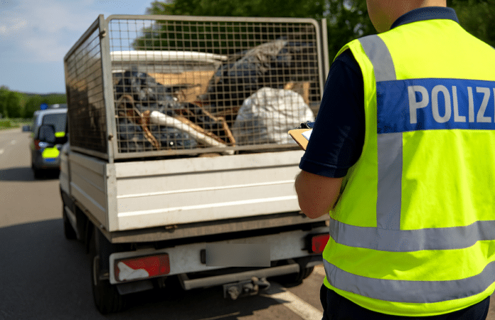 Polizeikontrolle eines Abfalltransporters auf einer Landstraße – Beamte mit Warnwesten