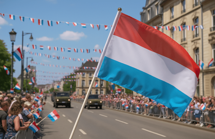Eine luxemburgische Nationalflagge weht vor einer historischen Fassade in der Hauptstadt – Symbol für nationale Identität und festliche Stimmung zum Nationalfeiertag.