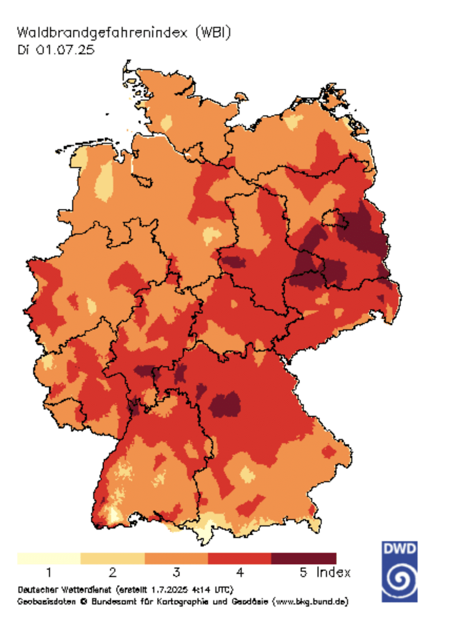 Karte Deutschland Waldbrandgefahrenindex am 01.07.2025 mit hohen bis sehr hohen Gefahrenstufen, Quelle: DWD
