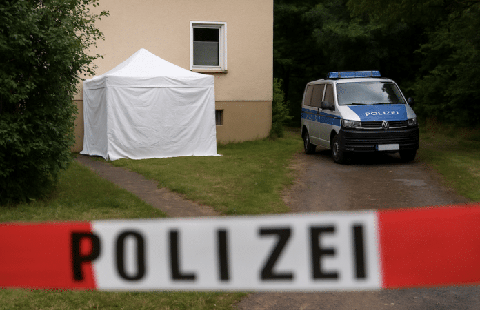 Polizeiauto und abgesperrter Tatort mit weißem Zelt vor einem Wohnhaus; Polizei sichert Bereich nach dem Fund einer toten Frau.