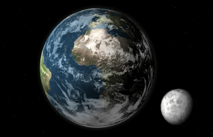 Erde und Mond im Weltraum – symbolische Darstellung der Erdrotation und des Mondes als Einflussfaktor auf die Tageslänge
