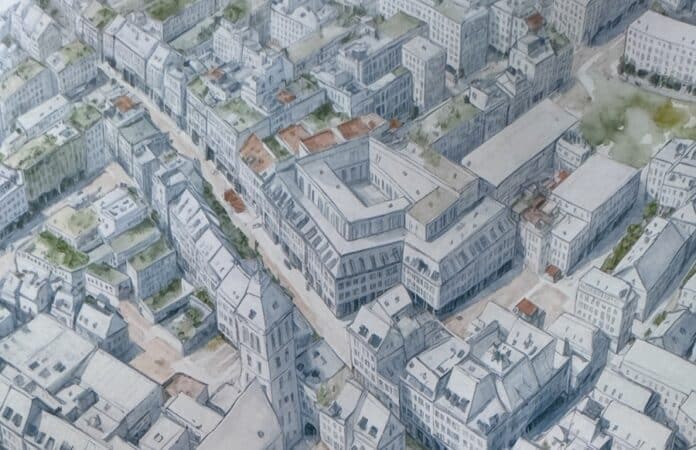 Städtebauliche Visualisierung des neuen Nutzungskonzepts für das ehemalige Kaufhof-Gebäude in Trier, eingebettet in das historische Stadtbild mit Dachbegrünung.