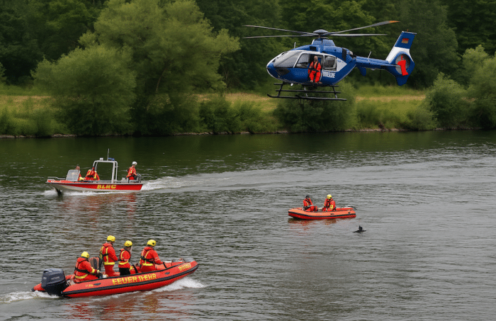Boote und ein Hubschrauber über der Mosel.