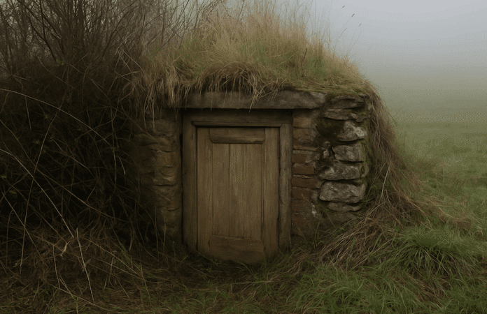 Alte Holztür eines überwucherten Rübenkellers in nebliger Feldlandschaft, Symbolbild zum Skelettfund in Üttfeld (Eifel).