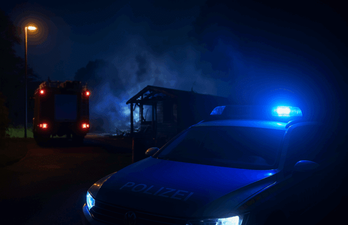Symbolbild: Nächtliche Szene mit Blaulicht-Einsatzfahrzeug, Feuerwehr im Einsatz bei einem Brand – keine Personen erkennbar.