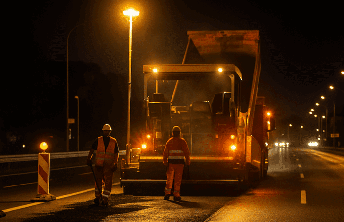 Eine nächtliche Straßenbaustelle mit grellen Baustrahlern, Bauarbeitern in Warnwesten und abgesperrten Fahrspuren.
