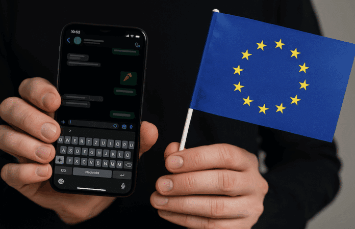 Symbolbild: Smartphone auf einem Tisch neben einer EU-Flagge, darüber digitale Überwachungssymbole. Darstellung des Konzepts der EU-Chatkontrolle und der Debatte um Datenschutz und Privatsphäre.