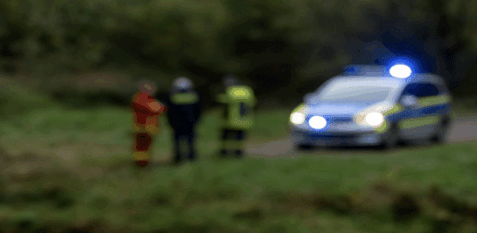 Unscharfes Symbolbild eines Flussufers mit Blaulichtreflexionen und einem Einsatzfahrzeug im Hintergrund – erinnert an eine Suchaktion entlang der Kyll in Jünkerath.