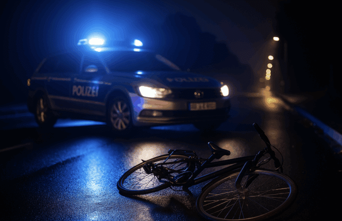 Ein Polizeiwagen mit Blaulicht steht nachts auf nasser Straße, davor liegt ein umgestürztes Fahrrad – Symbolbild für Fahrradunfall in Trier.