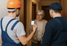 Bernkastel-Kues: Falsche Heizungsableser bestehlen Seniorin auf dreiste Weise! Zwei Männer in Arbeitskleidung stehen an der Wohnungstür einer älteren Frau und zeigen einen Ausweis – Symbolbild für Trickbetrug durch falsche Handwerker.