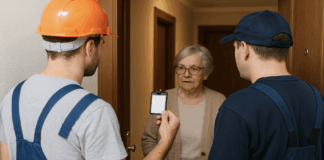 Bernkastel-Kues: Falsche Heizungsableser bestehlen Seniorin auf dreiste Weise! Zwei Männer in Arbeitskleidung stehen an der Wohnungstür einer älteren Frau und zeigen einen Ausweis – Symbolbild für Trickbetrug durch falsche Handwerker.