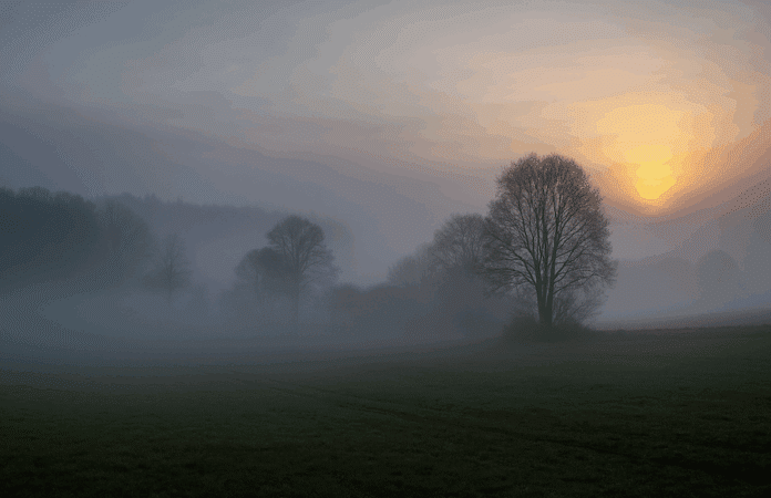 Nebelige Herbstlandschaft in Rheinland-Pfalz mit Bäumen und Feldern im sanften Morgenlicht – Symbolbild für herbstliches Wetter mit Nebel und Sonne.