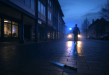 ++ Brutale Messer-Attacke am Wittlicher Schlossplatz: Mann (32) mit tiefer Stichwunde ins Krankenhaus! ++ Symbolbild eines frühen Morgens am Wittlicher Schlossplatz: beleuchtete Ladenzeile links, nasse Pflastersteine, ein Messer liegt auf dem Boden, Blaulichtreflexe im Hintergrund – Darstellung einer Messerattacke und Polizeilage.