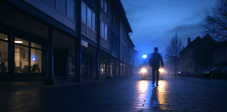 ++ Brutale Messer-Attacke am Wittlicher Schlossplatz: Mann (32) mit tiefer Stichwunde ins Krankenhaus! ++ Symbolbild eines frühen Morgens am Wittlicher Schlossplatz: beleuchtete Ladenzeile links, nasse Pflastersteine, ein Messer liegt auf dem Boden, Blaulichtreflexe im Hintergrund – Darstellung einer Messerattacke und Polizeilage.