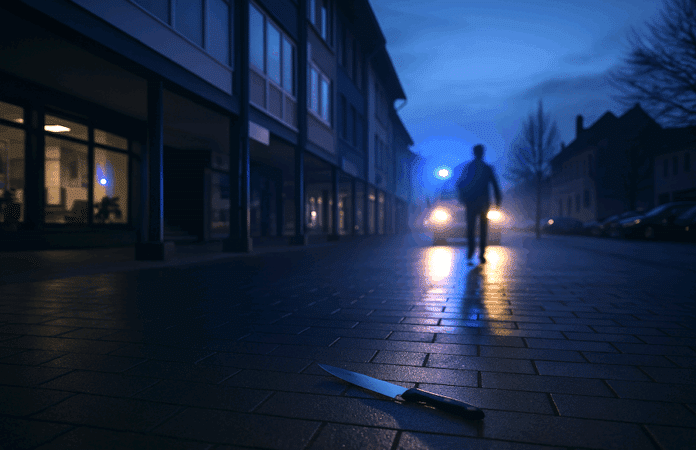 Symbolbild eines frühen Morgens am Wittlicher Schlossplatz: beleuchtete Ladenzeile links, nasse Pflastersteine, ein Messer liegt auf dem Boden, Blaulichtreflexe im Hintergrund – Darstellung einer Messerattacke und Polizeilage.