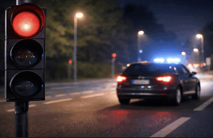 Rote Ampel bei Nacht mit Auto und Polizeifahrzeug im Hintergrund – Symbolbild für Rotlichtverstoß und Alkoholfahrt in Trier.