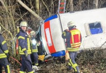 Verkehrsunfall auf L 143: Rettungswagen kommt von Fahrbahn ab – Besatzungsmitglieder verletzt