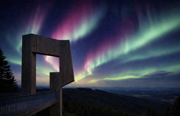 Polarlichter über dem Erbeskopf im Hunsrück: Grüne und violette Aurora-Leuchterscheinungen über der Aussichtsplattform bei dunklem Nachthimmel.