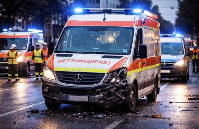 Rettungswagen nach Verkehrsunfall auf Straße im Einsatz – Symbolbild für Unfallserie in Mainz mit verletztem Jugendlichen