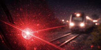 RLP: Lokführer mit Laserpointer geblendet – Ermittlungen wegen gefährlicher Körperverletzung Roter Laserstrahl trifft nachts die Frontscheibe eines fahrenden Zuges, aufgenommen aus der Perspektive des Lokführers, mit unscharfem Zug im Hintergrund auf den Gleisen.