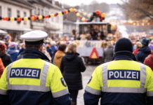 „Kalifat, Scharia, Burka“: Schilder beim Rosenmontag in Nonnweiler sorgen für Staatsschutz-Prüfung Symbolbild eines Rosenmontagsumzugs mit Polizeibeamten im Einsatz bei einer Karnevalsveranstaltung