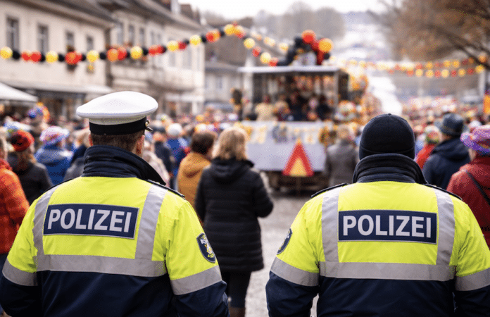 Symbolbild eines Rosenmontagsumzugs mit Polizeibeamten im Einsatz bei einer Karnevalsveranstaltung