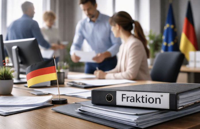 Symbolbild eines Fraktionsbüros mit Mitarbeitern am Arbeitsplatz und Ordner mit der Aufschrift Fraktion