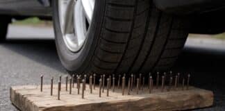 Wittlich: Zwei Männer legen Brett mit herausstehenden Nägeln unter Reifen