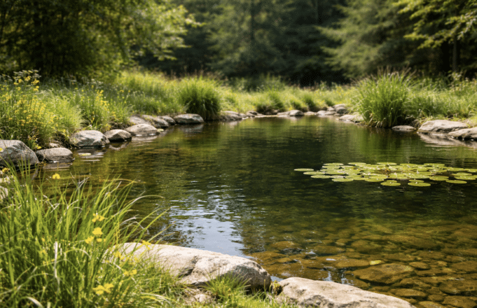 Naturnaher Teich in bewaldeter Landschaft als Symbolbild für eine Teichanlage im Naturpark Saar-Hunsrück, die nach einem Urteil des Verwaltungsgerichts Trier zurückgebaut werden muss.