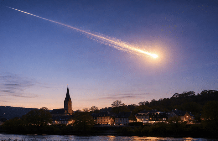 Heller Feuerball mit langer Lichtspur am Himmel über einer Stadt – spektakuläres Himmelsphänomen über Rheinland-Pfalz, möglicherweise Meteorit oder verglühende Falcon-9-Raketenstufe. Symbolbild