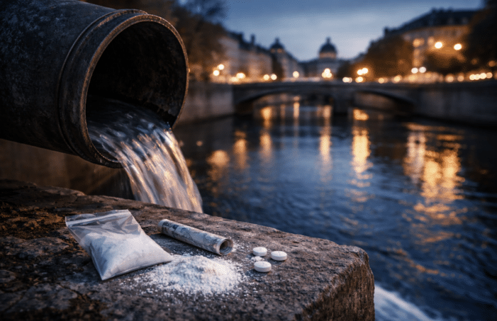 Abwasserrohr über einem Fluss mit Drogenutensilien im Vordergrund als Symbolbild für eine Analyse zu Kokain- und Drogenrückständen in Luxemburg.