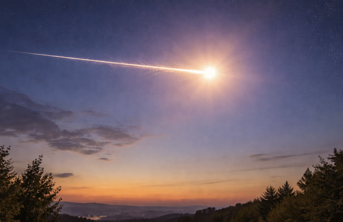 Heller Meteor mit leuchtender Spur am Abendhimmel – ein sogenannter Bolide, der beim Eintritt in die Atmosphäre verglüht und eine helle Lichtspur hinterlässt. Symbolbild
