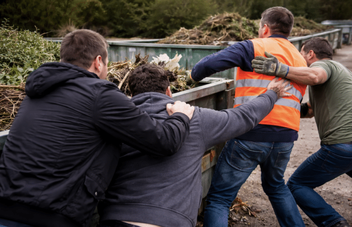 Symbolbild einer Auseinandersetzung auf einem Wertstoffhof mit Grünschnitt-Containern in Landau – Streit um Holz im Grünschnitt endete mit vier Verletzten.