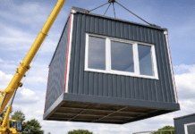 Waldrach: Mega-Umzug für die Ruwertalschule – ab 14. April rollen über 240 Container an! Ein modularer Container wird mit einem Kran auf einer Baustelle angehoben und für einen temporären Gebäudestandort positioniert.