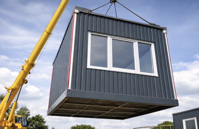 Ein modularer Container wird mit einem Kran auf einer Baustelle angehoben und für einen temporären Gebäudestandort positioniert.
