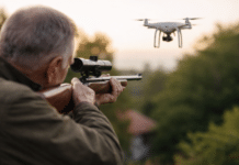 Frankreich: Drohne über dem Haus – Rentner zieht Schusswaffe und schiesst! Älterer Mann zielt mit Gewehr auf fliegende Drohne über einem Grundstück als Symbolbild für Drohnen-Vorfall in Frankreich