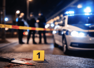 RLP: Mehrmals in Oberkörper gestochen – 23-Jähriger bei Messerattacke am Bahnhof schwer verletzt! Polizeiauto mit Blaulicht und abgesperrter Tatortbereich bei Nacht, unscharfe Einsatzkräfte im Hintergrund als Symbolbild für eine Messerattacke