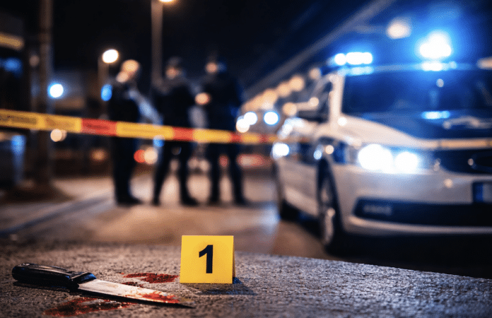 Polizeiauto mit Blaulicht und abgesperrter Tatortbereich bei Nacht, unscharfe Einsatzkräfte im Hintergrund als Symbolbild für eine Messerattacke