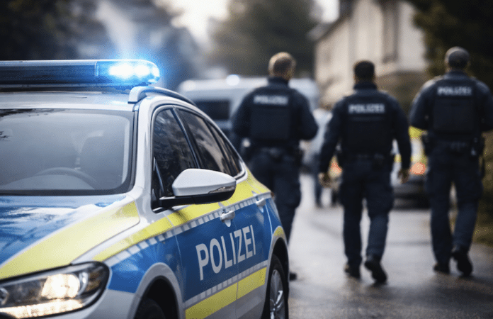 Polizeifahrzeug mit Blaulicht bei einem Einsatz in einer Straße, während Einsatzkräfte im Hintergrund nach einem flüchtigen Tatverdächtigen fahnden.