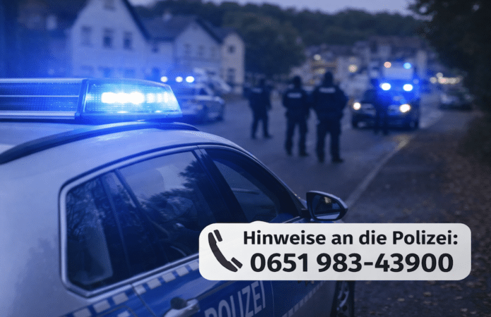 Polizeifahrzeug mit Blaulicht bei einem abendlichen Einsatz in Wohngebietsnähe, während im Hintergrund weitere Einsatzkräfte und Fahrzeuge zu sehen sind.