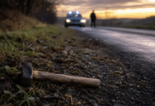 Tödlicher Spaziergang: Ehemann soll Frau mit Hammer erschlagen und liegen gelassen haben Symbolbild zum Tötungsdelikt in Ebernhahn: Hammer am Straßenrand mit Polizeifahrzeug im Hintergrund nach mutmaßlicher Gewalttat im Westerwald.
