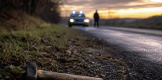 Tödlicher Spaziergang: Ehemann soll Frau mit Hammer erschlagen und liegen gelassen haben Symbolbild zum Tötungsdelikt in Ebernhahn: Hammer am Straßenrand mit Polizeifahrzeug im Hintergrund nach mutmaßlicher Gewalttat im Westerwald.