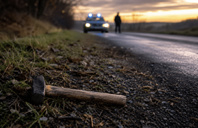 Symbolbild zum Tötungsdelikt in Ebernhahn: Hammer am Straßenrand mit Polizeifahrzeug im Hintergrund nach mutmaßlicher Gewalttat im Westerwald.