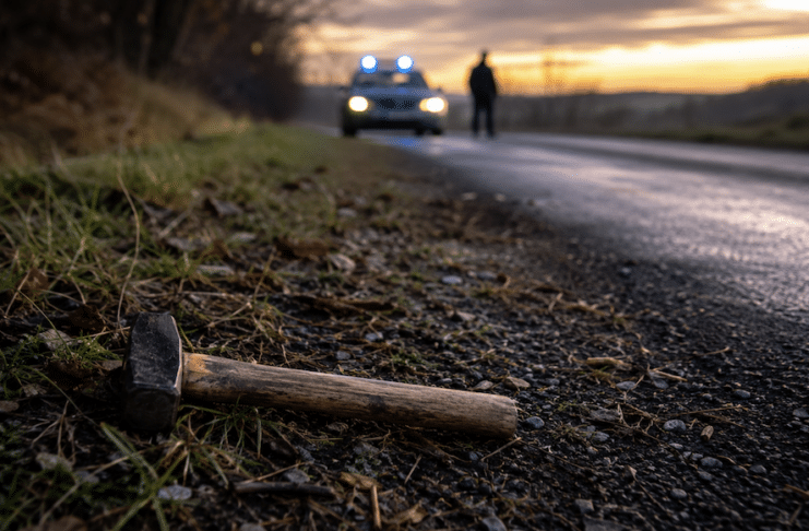 Tödlicher Spaziergang: Ehemann soll Frau mit Hammer erschlagen und liegen gelassen haben Symbolbild zum Tötungsdelikt in Ebernhahn: Hammer am Straßenrand mit Polizeifahrzeug im Hintergrund nach mutmaßlicher Gewalttat im Westerwald.