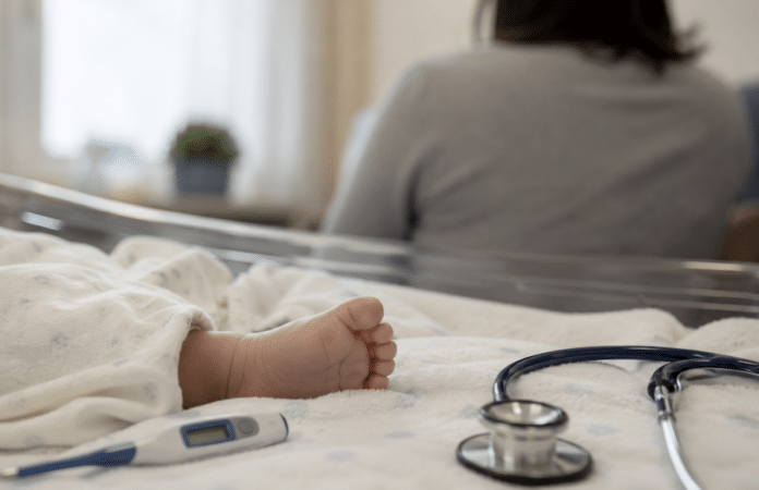 Keuchhusten Rheinland-Pfalz: Symbolbild mit Säugling, Thermometer und Stethoskop zur Warnung vor Pertussis.