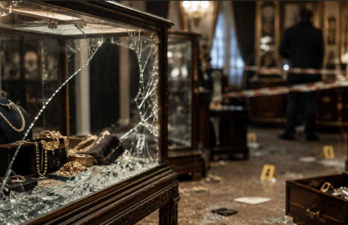 Zerbrochene Schmuckvitrine als Symbolbild für schweren Raub in Trier mit Goldschmuck im Wert von rund 107.000 Euro.